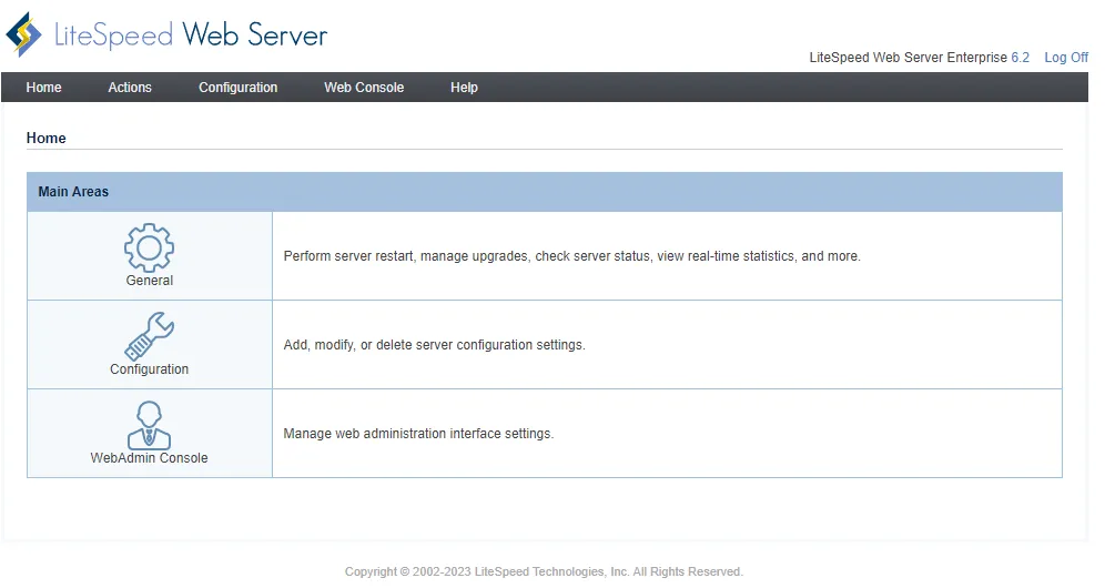LiteSpeed admin interface showing server-level configuration, virtual hosts, and real-time performance statistics